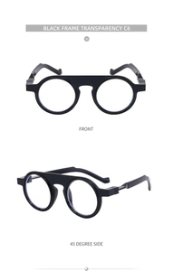 Detailed front and 45-degree angle view of classic black round frame sunglasses with clear lenses