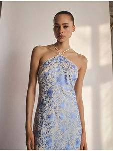 Elegant halter neck bodycon dress with blue floral embroidery and fringe details