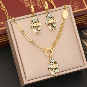 Hamsa Hand Evil Eye Necklace Bracelet Earrings Gold Plated Stainless Steel Enamel Hollow Out Ethnic Jewelry For Women