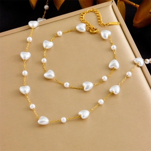 Elegant Heart Faux Artificial Pearl Necklace And Bracelet Stainless Steel Gold Plated Chain Vintage Fashion Accessory For Women