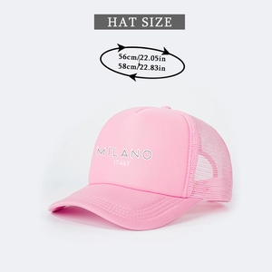 Pink trucker hat size guide showing adjustable 56-58cm head circumference measurements