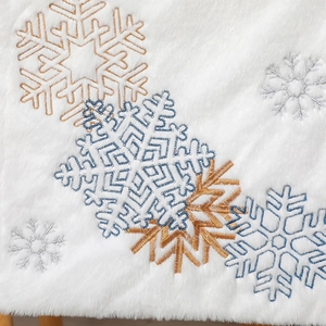 Détail macro de fausse fourrure de lapin avec broderie de flocons bleus, or et argent