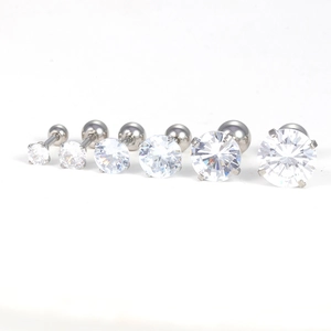 Titanium steel stud earrings set with clear cubic zirconia in six various sizes