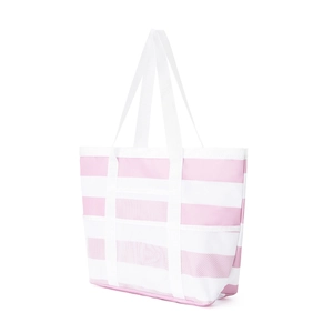 Rosarot gestreifte Strandtasche mit äußeren Netztaschen für Damen