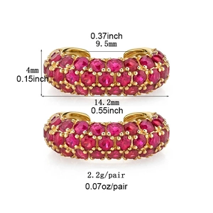 Detailed dimensions of gold ear cuffs with micro-paved red cubic zirconia crystals