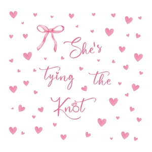 Pink watercolor heart and bow wall sticker with She's tying the Knot wedding text