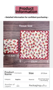 Detailed size chart for strawberry cocktail napkins showing 25x25cm dimensions and layers