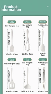 Detailed size chart for silicone kitchen tool set showing dimensions of the 6-piece cream kit