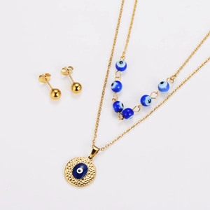 Set of double-layered gold necklace and stud earrings with blue evil eye charms
