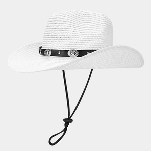 Detailed close-up of white straw cowboy hat with leather band and adjustable wind rope
