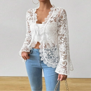 Detail of white lace cardigan showing delicate hollow embroidery and flare sleeve texture