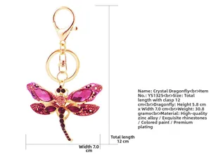 Detailed size specifications for the purple crystal dragonfly keychain in gold plating