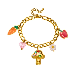 Gold stainless steel bracelet with carrot, mushroom, and flower enamel charms