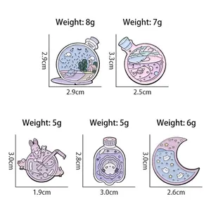 Set of five Halloween enamel pins featuring magical cats and jars with weight and size data