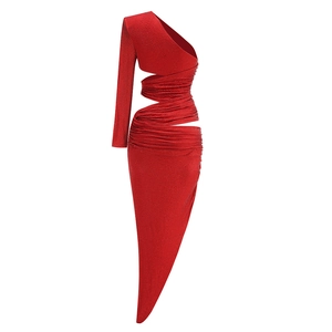 Elegant red one-shoulder rhinestone evening dress with cutout waist and asymmetrical hem