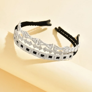 Elegant Korean style silver rhinestone crown headband with soft black velvet lining wrap