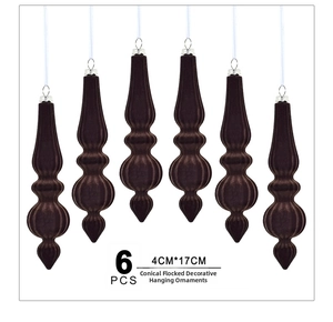 Detailed view of 6-piece chocolate flocked cone Christmas ornaments sized 4x17cm