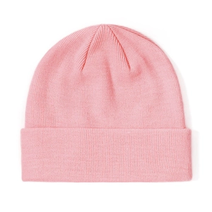 Classic pink knit beanie for men and women with a ribbed texture and folded cuff