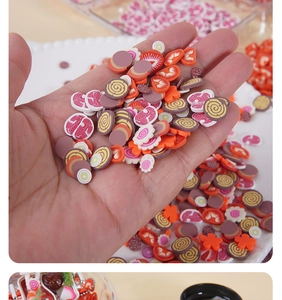 Macro detail of various colorful fruit and vegetable polymer clay slices for DIY crafts