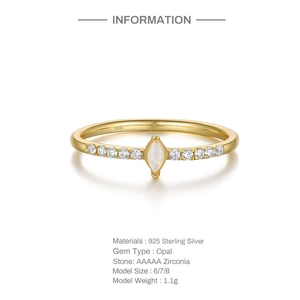Detailed view of gold-plated S925 silver ring featuring marquise opal and zirconia stones