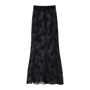 Jupe longue élégante en dentelle noire pour femme avec motifs floraux et taille élastique