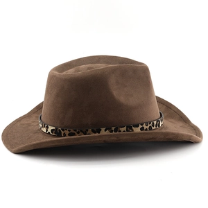 Detail of dark brown suede cowboy hat featuring a stylish leopard print hatband wrap