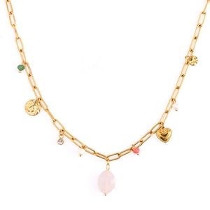 Detailed view of gold chain necklace with pink gemstone, heart charm and white pearl