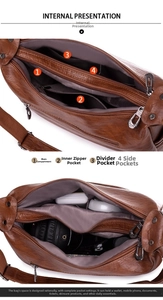 Internal structure of brown pebble leather crossbody bag with multiple compartments