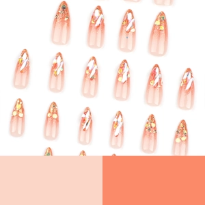 French style gold glitter press-on nails with aurora rhinestones and pink gradient