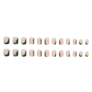 Emerald green and nude marble press-on nails with gold foil in a 24-piece set layout