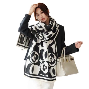 Classic black and white floral jacquard faux cashmere scarf for winter warmth and style