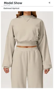 Close-up of oatmeal beige cropped hoodie and high waist jogger set for women