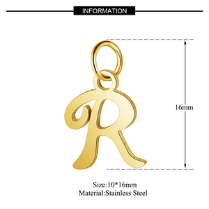 Detailed macro view of gold-plated stainless steel letter R pendant measuring 10x16mm