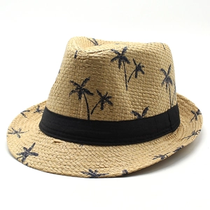 Panama Fedora straw hat with palm tree print and black ribbon for summer beach vacation