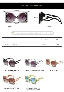 Detailed sizing chart for oversized rhinestone sunglasses with frames and lens dimensions