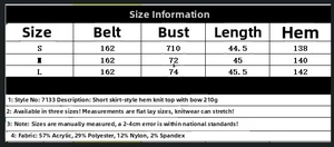Size chart for knit bow top showing measurements for S, M, L in centimeters and fabric details
