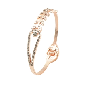 Elegant rose gold leaf open cuff bracelet with sparkling crystal pavé for women
