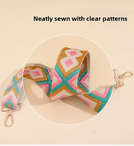 Close-up of geometric ethnic pattern bag strap with fine stitching and gold lobster clasps