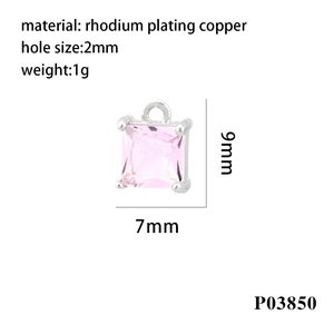 Macro detail of a 9x7mm pink square zircon pendant in rhodium-plated copper base