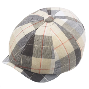 British vintage plaid beret hat with orange pinstripes and top button detail