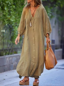 Olive green cotton linen button-down shirt dress with V-neck and long sleeves for women