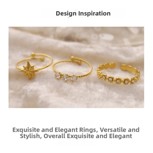 Detail of three gold rings set featuring north star design and sparkling crystals