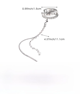 Detailed size and weight chart for long tassel rhinestone ear clip in zinc alloy