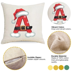 Detail of Christmas pillow cover showing invisible zipper and durable cotton linen texture