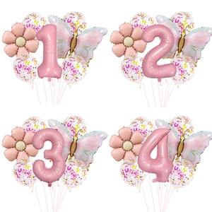 Pink Butterfly Flower Number Balloon Decorations Birthday Party Foil Latex Confetti Girls Carnival Theme