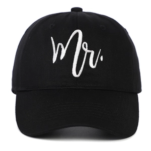 Classic black baseball cap with white Mr. letter embroidery and soft top sun visor