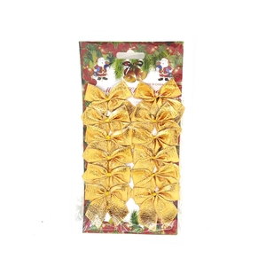 Pack of 12 bright gold Christmas tree bow ornaments with textured metallic finish on card