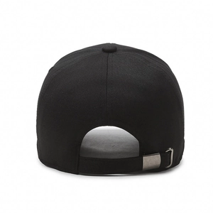 Rear view of minimalist black cotton baseball cap with adjustable silver metal buckle