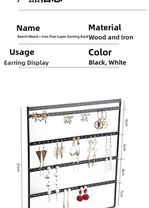 Five-layer iron earring display stand with beechwood base and 35cm height dimensions