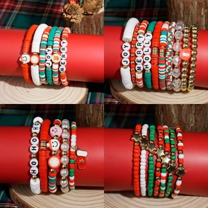 Christmas Bracelet Multi-Layer Beaded Polymer Clay Alloy Charms Santa Snowflake Letter Beads Holiday Jewelry Gift For Women Girls